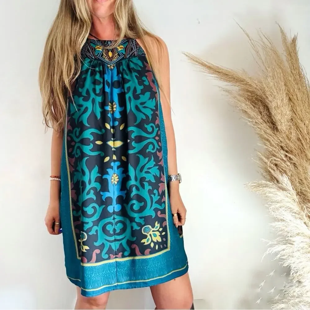NEW ANTHROPOLOGIE Teal Black Floral Beaded Halter Mini $198 Tank Top Dress XL - Picture 12 of 13